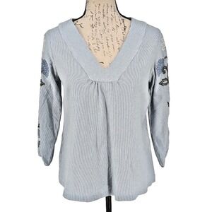 J. JILL Top Blouse  SIZE XS  White Blue Stripe  Cotton  Embroidery Prairie